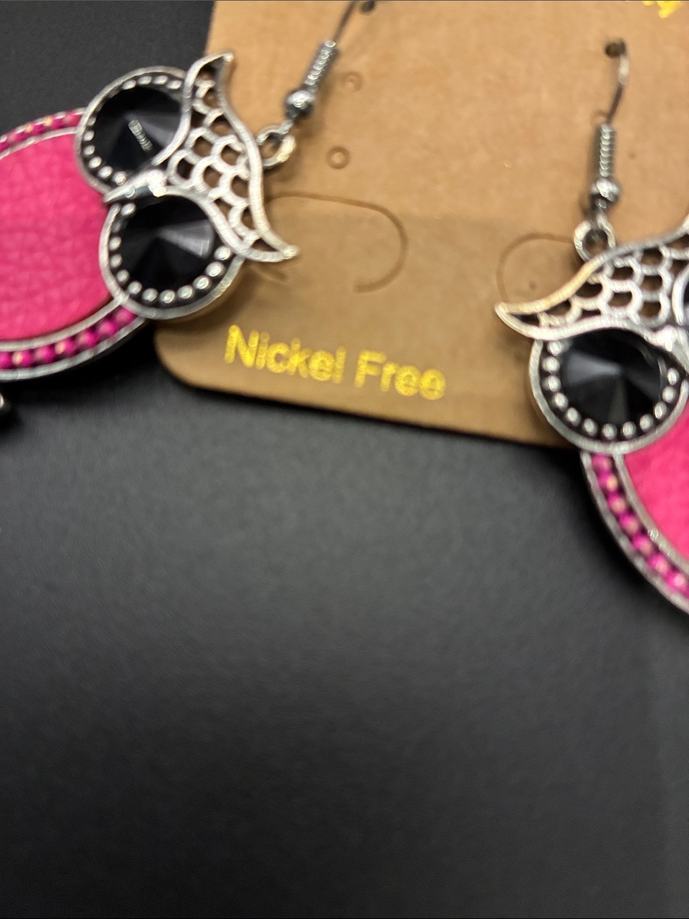 Fashion Jewelry Pink and Black Owl Dangle Earrings - Picture 4 of 4